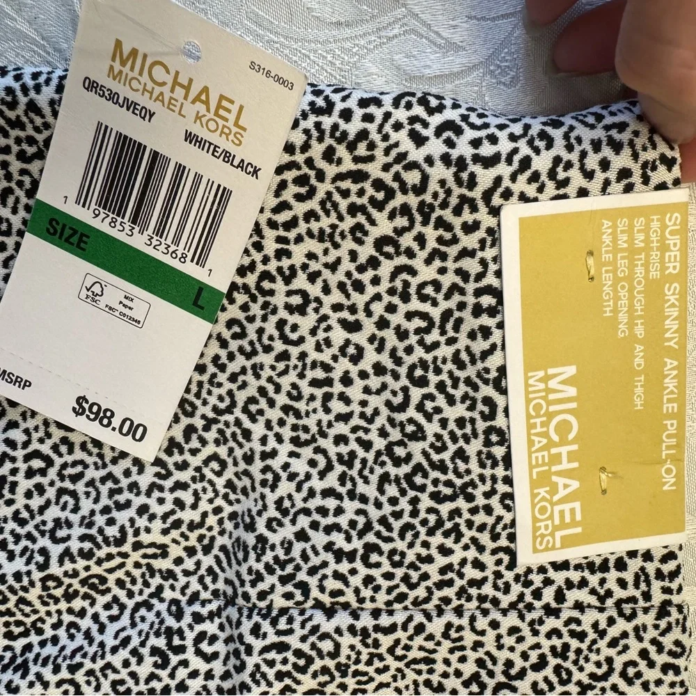 Michael‎ Kors L Super Skinny Ankle Pull On Stretch Pant Black White Animal New